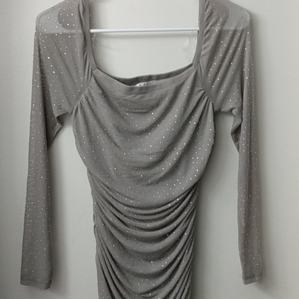 Below knee length evening dress, camel color sheer sleeves but lined bodice, med